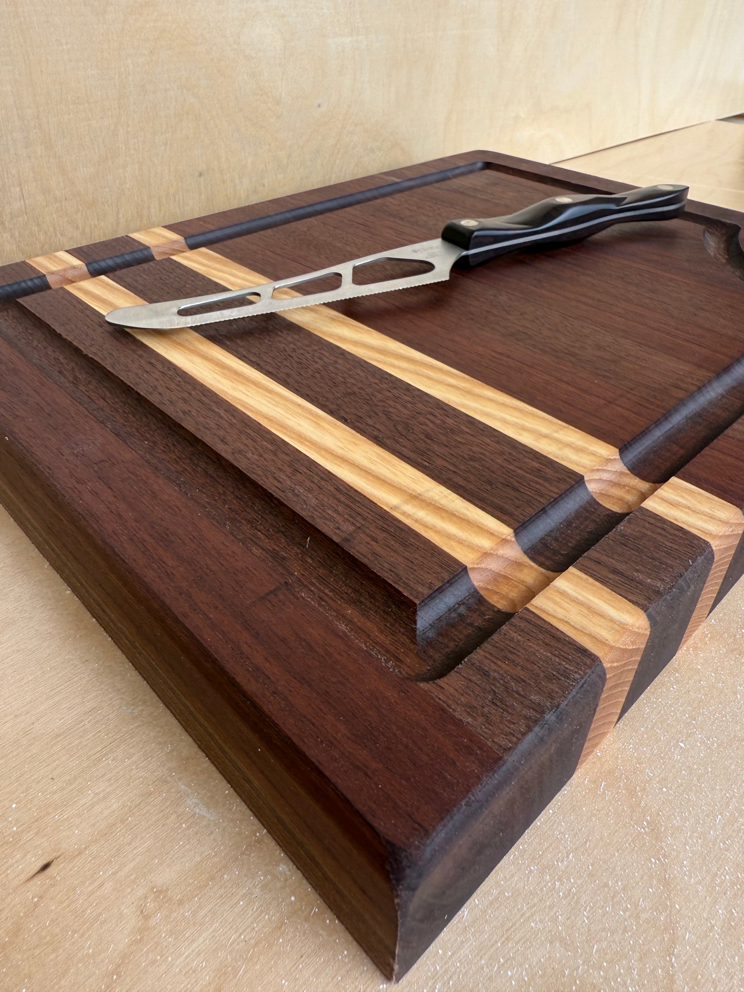 Walnut and Ash Customized Corner Cutting Board 11x14x1.5" w/ Juice Groove