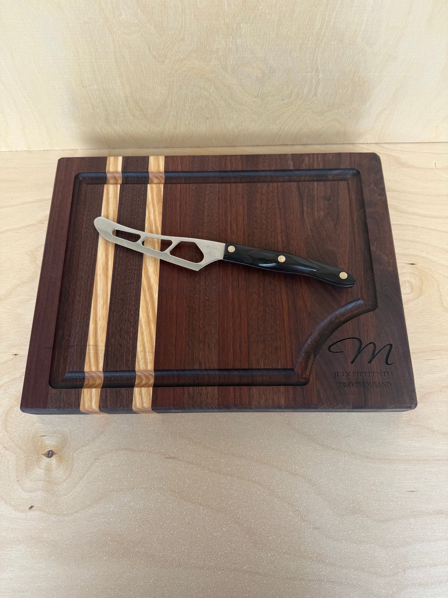 Walnut and Ash Customized Corner Cutting Board 11x14x1.5" w/ Juice Groove