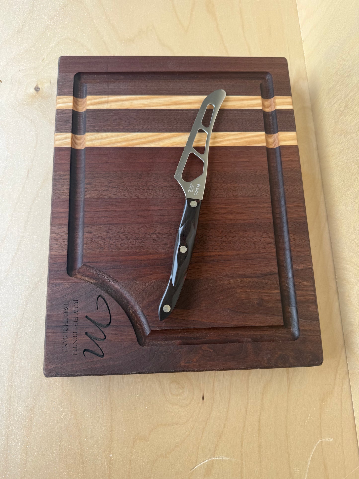 Walnut and Ash Customized Corner Cutting Board 11x14x1.5" w/ Juice Groove